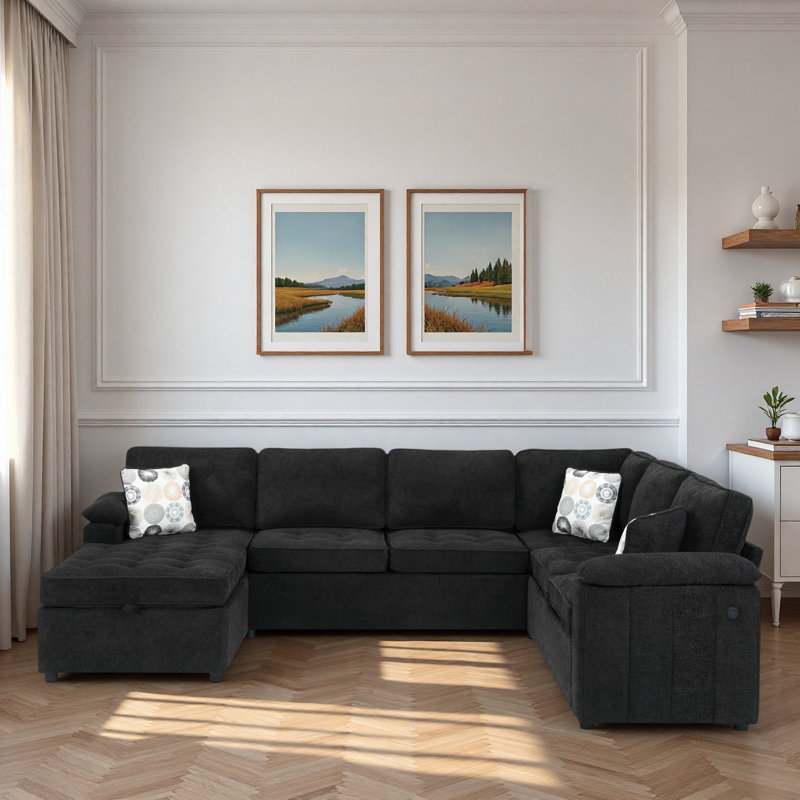 Canapé modulaire moderne en forme de U avec repose-pieds de rangement caché, deux ports de chargement USB et coussins décoratifs imprimés
