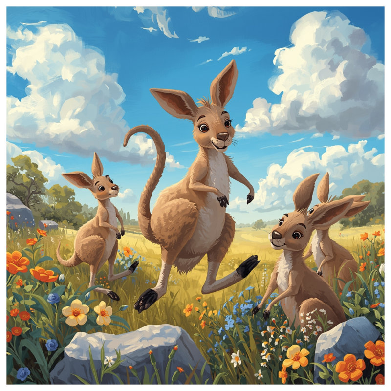 Tapisserie «Kangaroos In Wildflowers» - Décoration murale Kangourous, H 104 po x 88 avec 4 œillets
