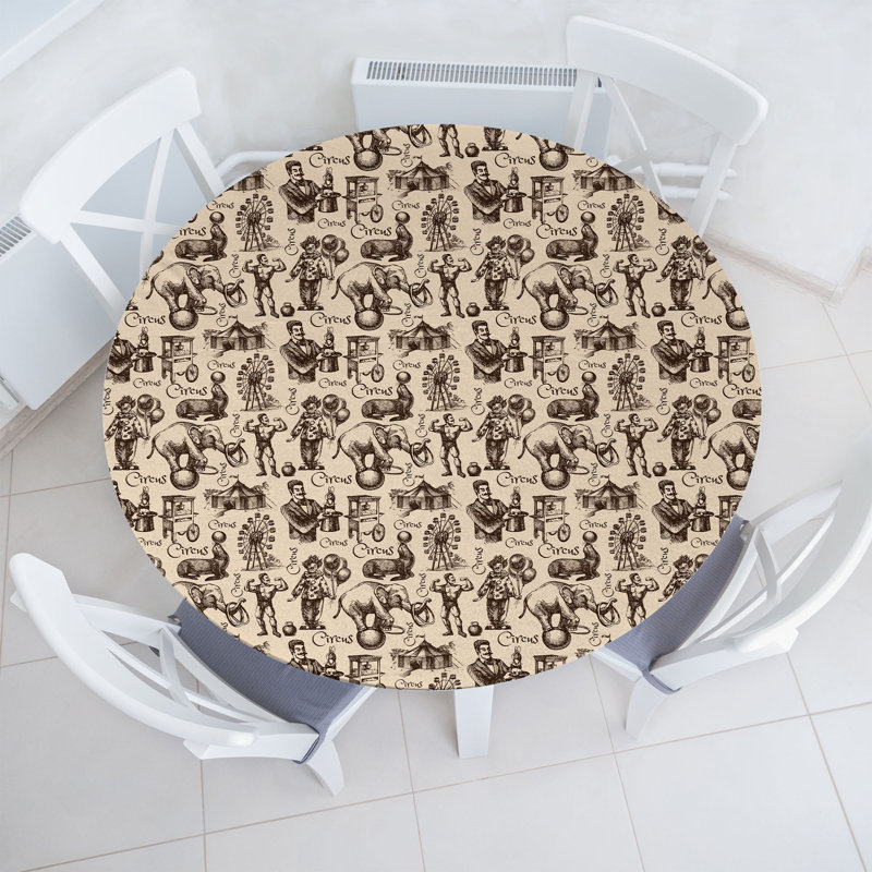 Winston Porter Circus Fitted Round Tablecloth Beige Dark Brown, 67.72" Round