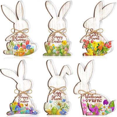6 Pcs Easter Bunny Wooden Signs Bunny Decor Easter Tabletop Decor Rabbit Shape Table Sign With Jute Rope And Hairball Tail Freestanding Table Decorations For Party