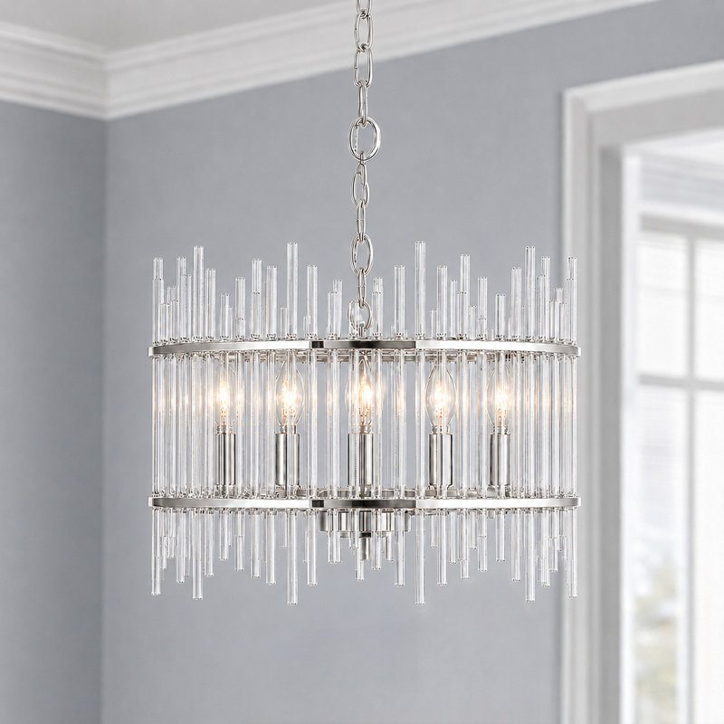 Eletto 5-Light Dimmable Glass Drum Chandelier, Nickel