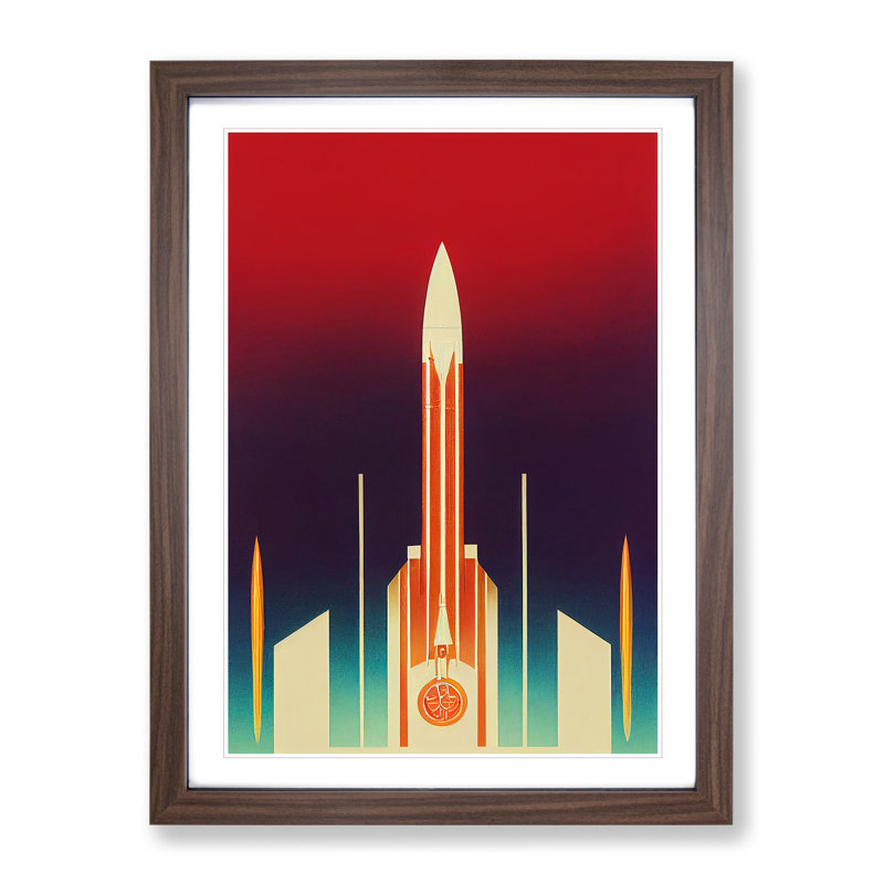 XV1022-4001X Spaceship Rocket Art Deco No.1 - Single Picture Frame Print, 64cm H x 46cm W x 2cm D, Walnut