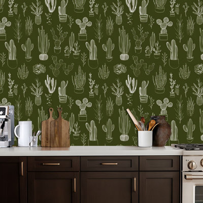 Peel and Stick Wallpaper western Botanical Cactus Succulent Olive Green White Contact Paper Removable Self Adhesive Wall Mural Wall Decor for Bedroom Kitchen Cabinets 17.7in x 118in