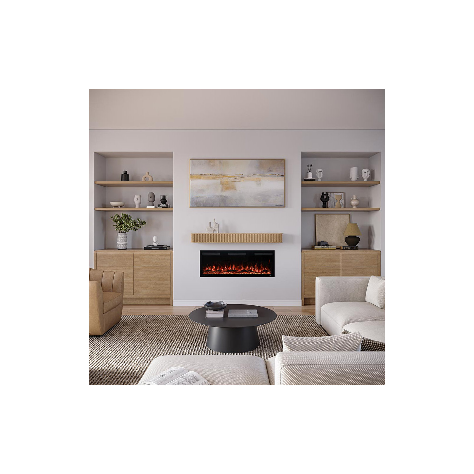 Modern Ember Alfama Fireplace Wood Mantel Shelf with Fluted “Reed” Details, 60", Blonde