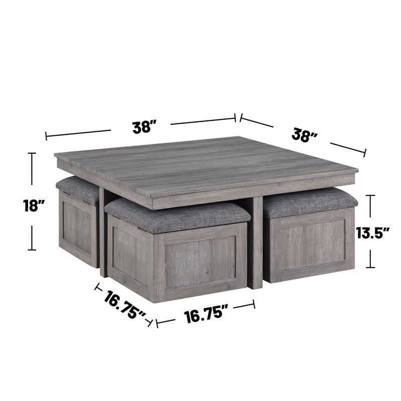 Ensemble de table en bois 2 pièces avec 4 tabourets de rangement rustiques, Gris