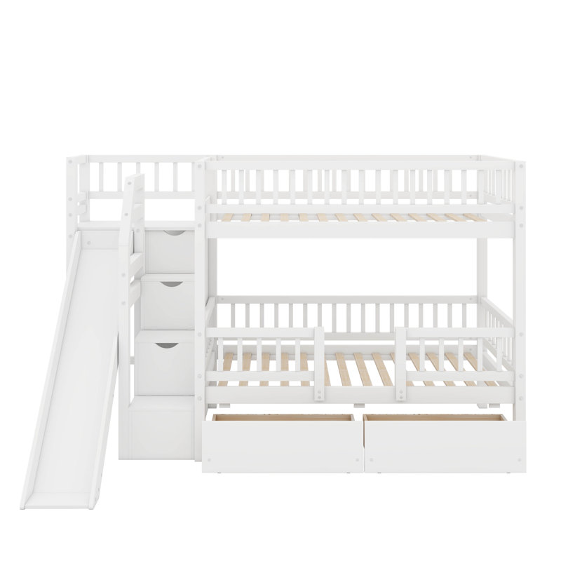 Lit superposé simple au-dessus de simple avec escalier de rangement et 2 tiroirs, Blanc