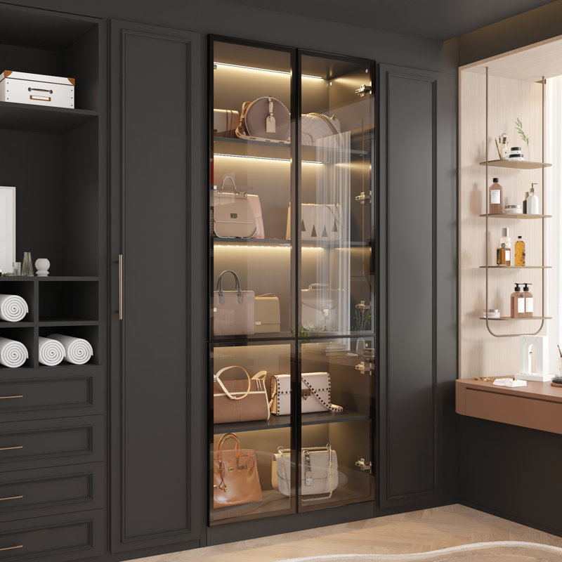 Closet System With Five Shelves And Light And Tempered Glass Door, Black