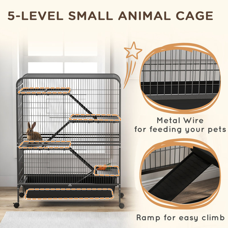 Cage de 53,5 po à 5 niveaux pour petits animaux en métal avec roues - gris pour furet et chinchilla