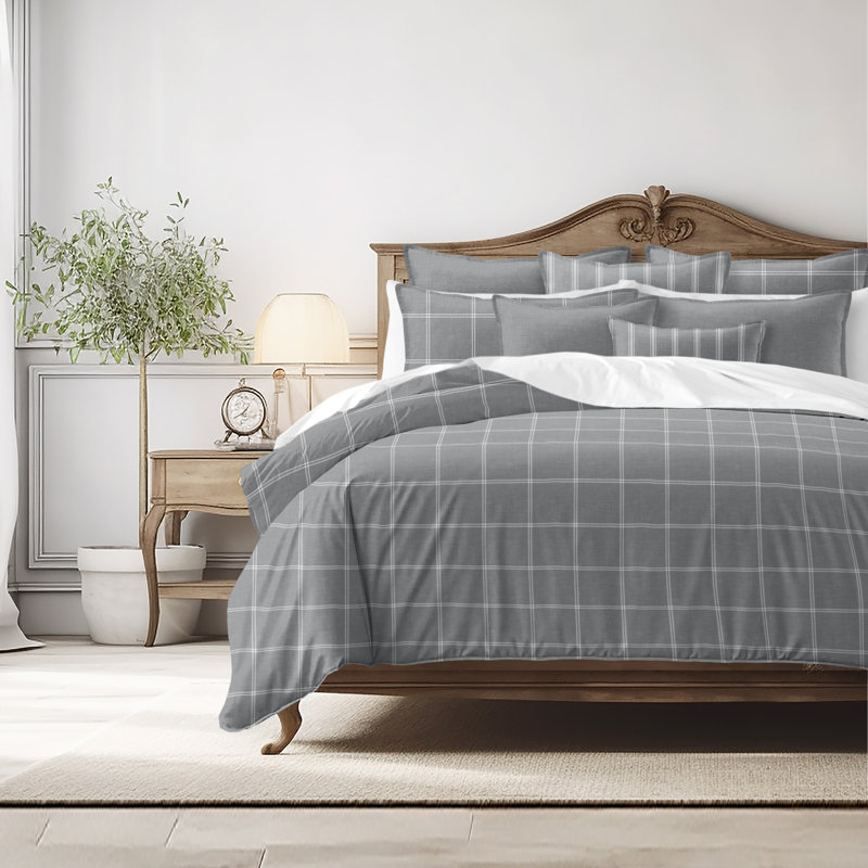 Shay Window Pane Gray Cotton Duvet Cover Set  8 Piece, Super Queen Duvet Cover + 7 Additional Pieces