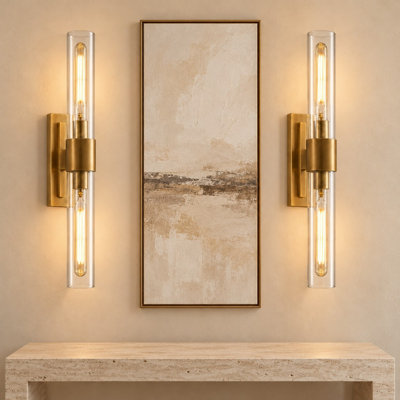 Modern Gold Wall Sconces Set of 2, 24.8" H Adjustable 2-Light Fixtures with Clear Glass Shades, Dimmable