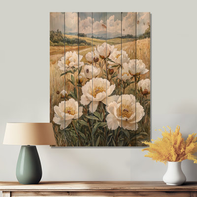 Pivoines le long de la campagne I - Décoration murale en bois de pivoines - sur bois de pin naturel