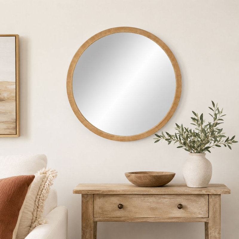 Wood Minimalistic Brown Wall Mirror with Natural Wood Grains, 39.5" x 39.5"
