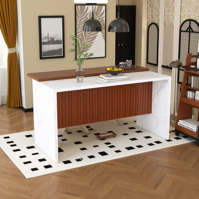 Ensemble d'îlot de cuisine 63 pouces avec 2 tabourets de bar - surface d'aspect marbre avec éclairage DEL, Blanc