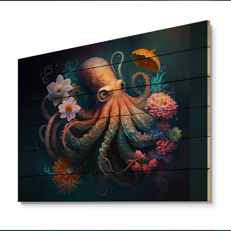 Gianni Octopus dans l'océan avec des fleurs II - impression sans cadre sur bois, H 12 po x l 20 po x P 1 po