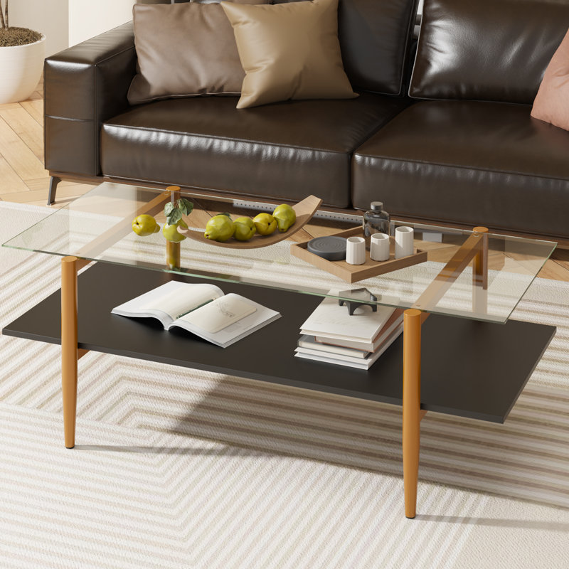 Glass Coffee Table, Rectangle Living Room Center Table With Golden Legs, Mid-century Modern Accent Tables With Open Shelf For Living Room, Office, Black