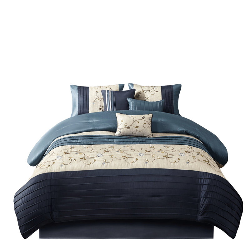 Édredon grand bleu marine 7 pièces - Broderie lueur splendide, Queen Comforter + 6 Additional Pieces, Navy Blue