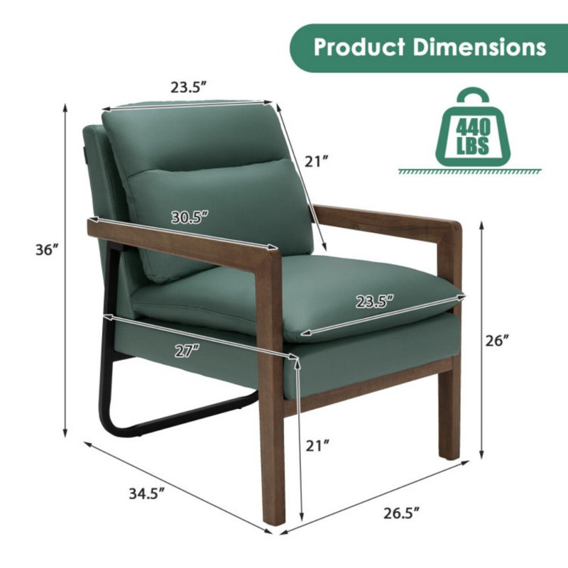 Chaise simple avec dossier rembourré très épais, Cuir vert