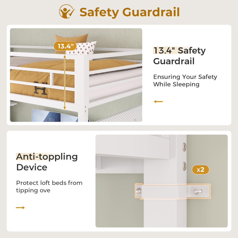 Twin Size Loft Bed With L-shaped Desk, Led Lights,charging Station,twin Metal Loft Bed With Desk And Fabric Drawers And Shelves, 13.4" H Safety Guard, No Box Spring Needed