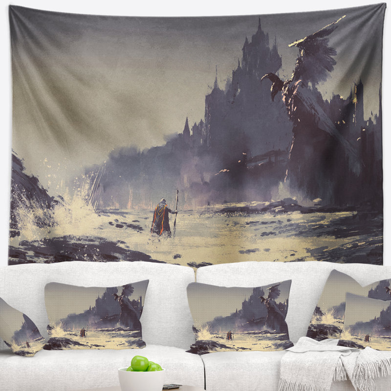 Peinture dark fantasy castle tapestry Landscape, H 32 po x l 39 po