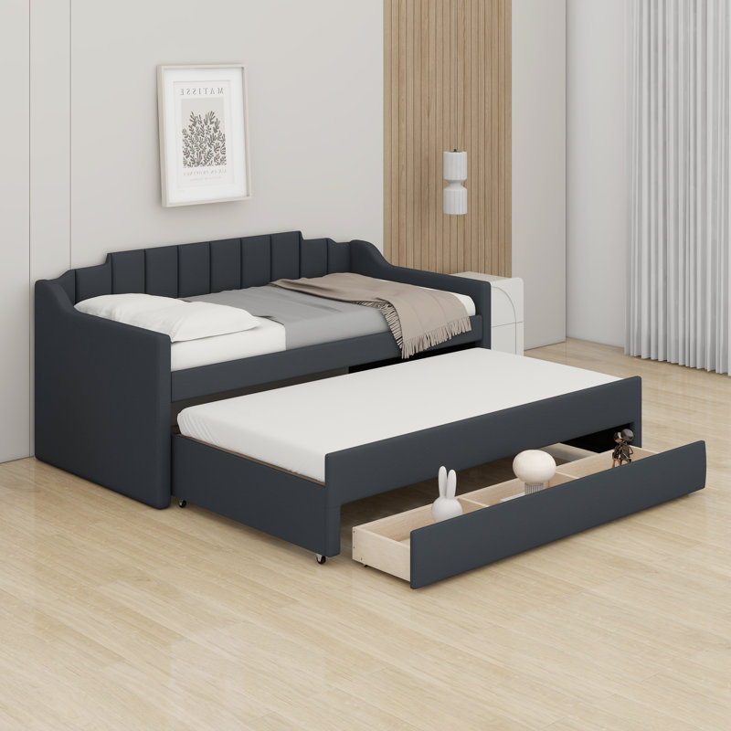 Lit de jour simple rembourré avec lit gigogne et trois tiroirs, canapé-lit, base de lit en bois avec accoudoirs inclinés, aucun sommier nécessaire