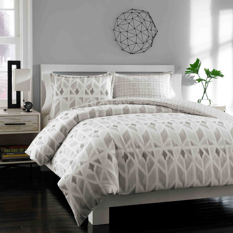 Grayson King Cotton Gray Ikat Reversible Duvet Cover Set