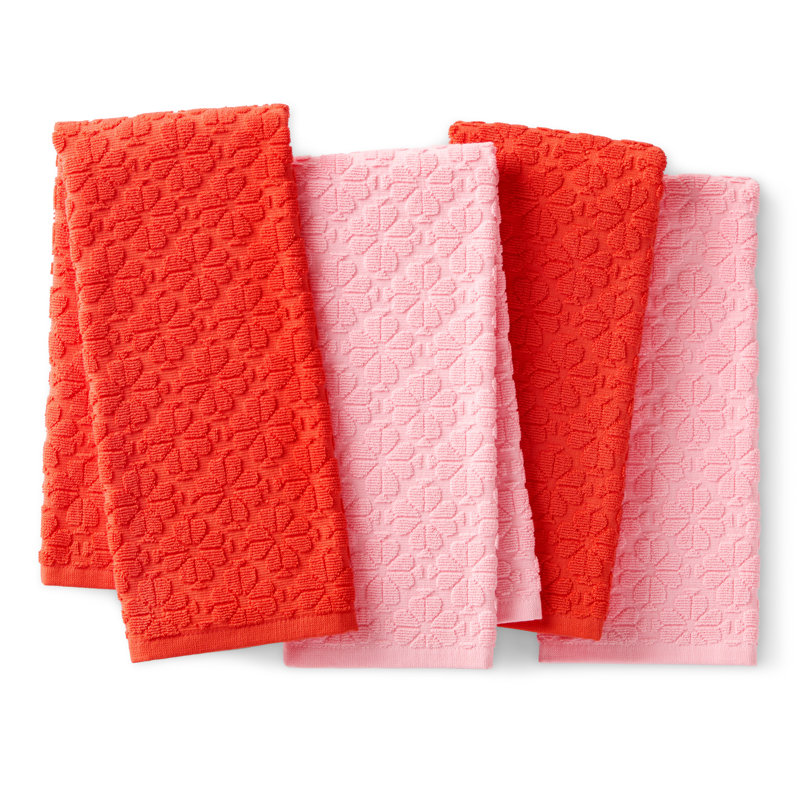 KATE SPADE NEW YORK Spade Flower Jacquard Kitchen Towels 4-Pack Set, Absorbent 100% Cotton, Beige/Black, 17"x28", Red/Pink
