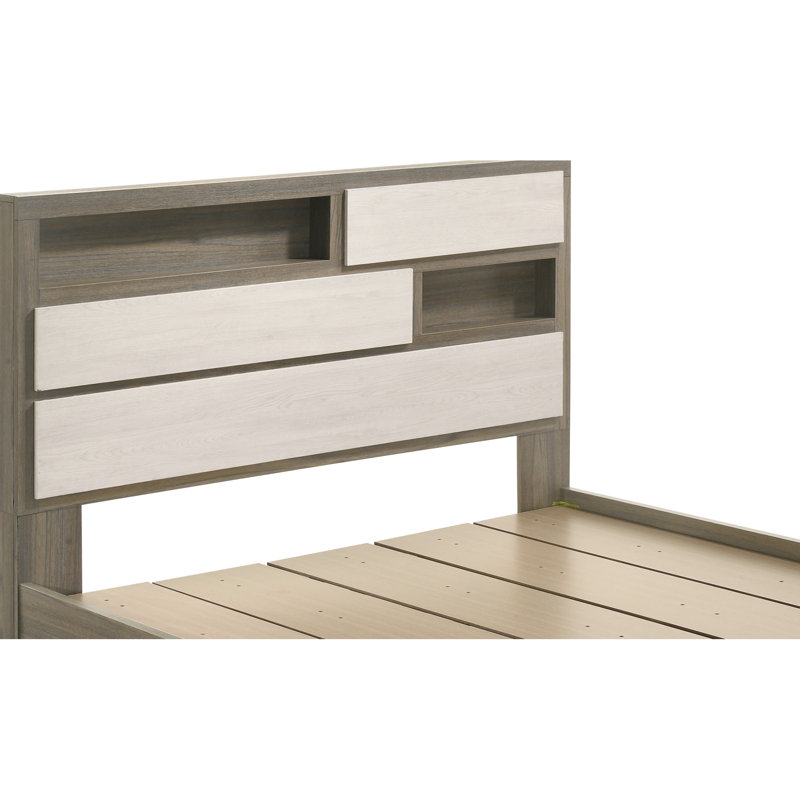 Bois moderne, grand lit, tête de lit à deux tons, rangement, cadre de lit plateforme, chambre à coucher, sans sommier beige et brun, design, requis