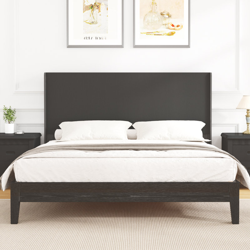 Wooden Fluted Queen Size Headboard With Charging Station & Led Lights, Black Headboard With Adjustable Height, Black, Queen