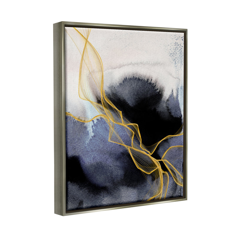 Art mural moderne sur toile bleu et or abstrait moderne par Irena Orlov, L 17 po x H 21 po, Cadre flottant gris lustré