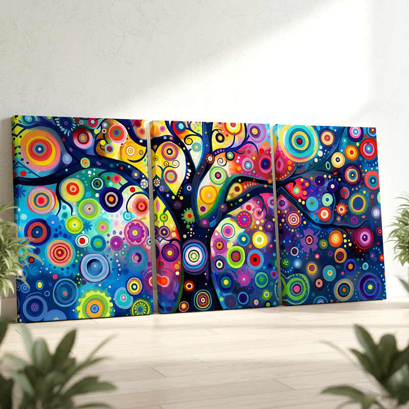 3 pièces, art mural abstrait arbre vibrant avec cercles colorés, art mural trois pièces pour le salon, la chambre à coucher et le bureau, prêt à être accroché