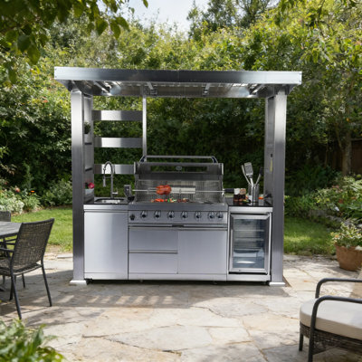 Barbecue de cuisine de 94 pouces avec 6 brûleurs et 85 000 BTU de luxe en acier inoxydable pour barbecue avec îlot de cuisine + réfrigérateur à vin compact + rôtissoire + comptoirs en granite + armoires et tiroirs de rangement