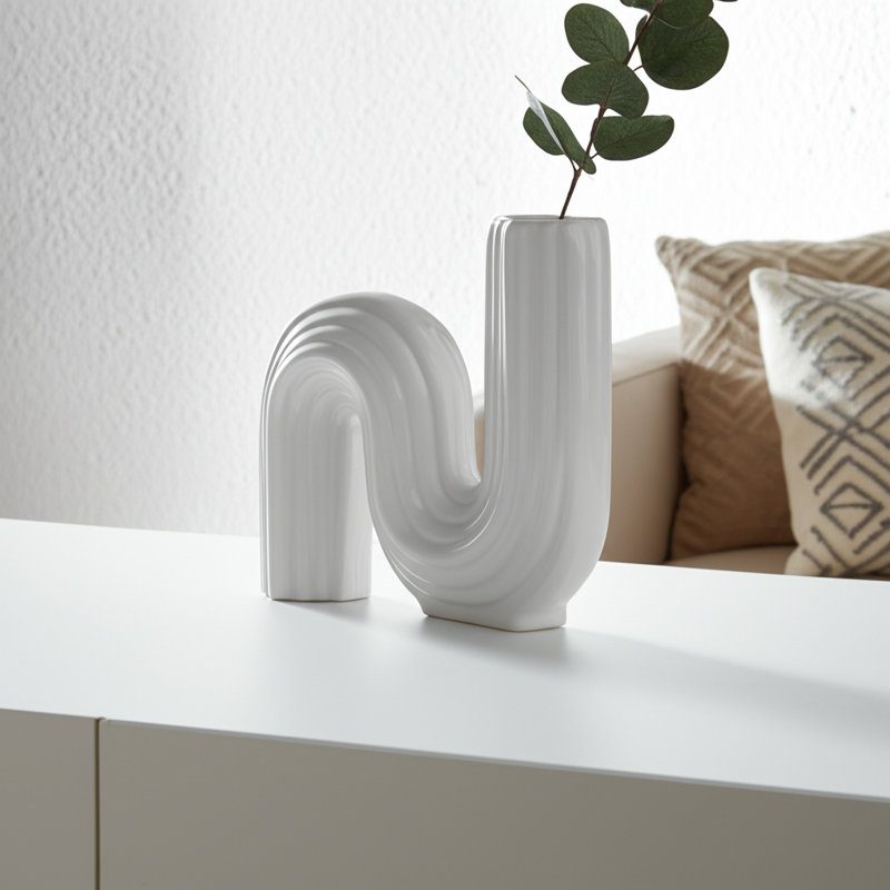 Vase en grès cérame avec forme sculpturale incurvée et motif texturé nervuré, Or