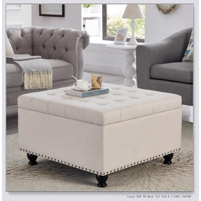 Large square storage ottoman with wooden legs, Upholstered button tufted coffee table