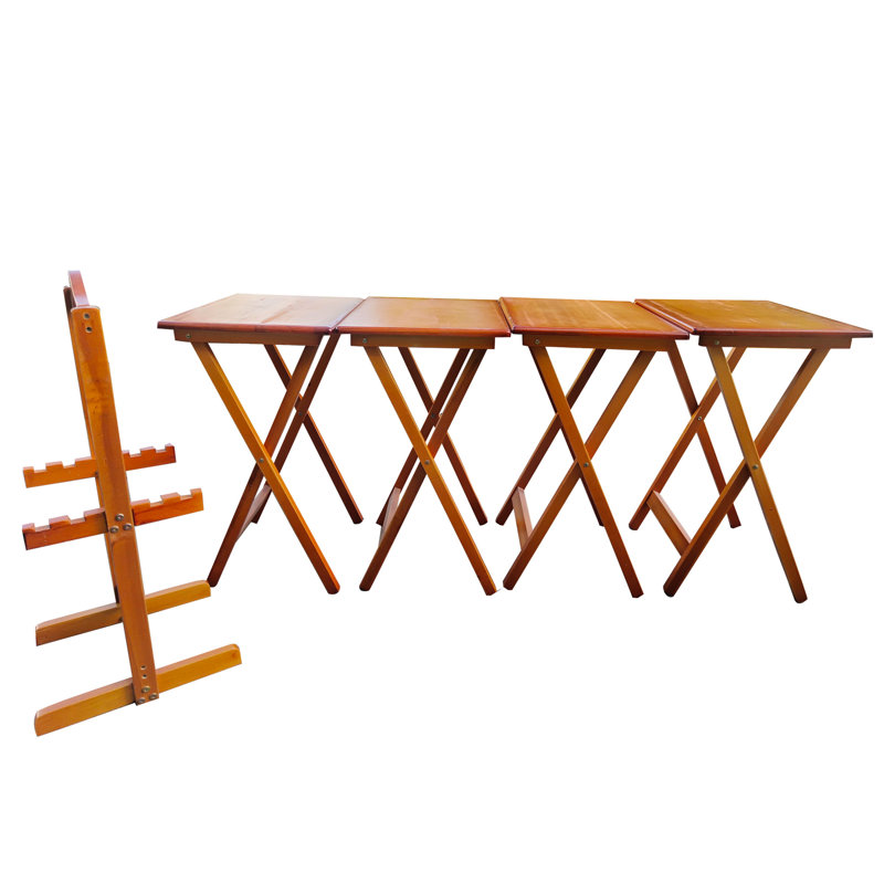 4 tables pliantes avec rangement, en bois massif, miel, pratique et polyvalente de 4 plateaux pour une vie fonctionnelle