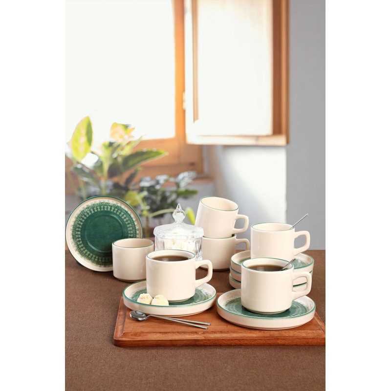 Elegant 12-Piece Tea Cup Set, White & Green, 6 Cups (6.9 oz) & 6 Saucers (5.5 in) | 100% Ceramic, Antibacterial, Thermal Shock Resistant | Dishwasher & Microwave Safe, Easy Clean, Perfect for Tea Lovers