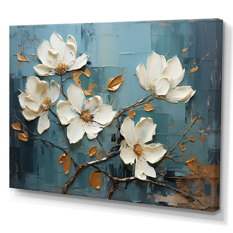 Blanc et bleu, charmante fleur printanière élégance II - fleurs, art mural, H 12 po x l 20 po x P 1 po, Toile tendue