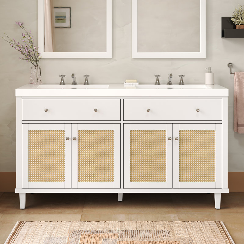 Meuble-lavabo 60 po avec double lavabo, Blanc / Brun