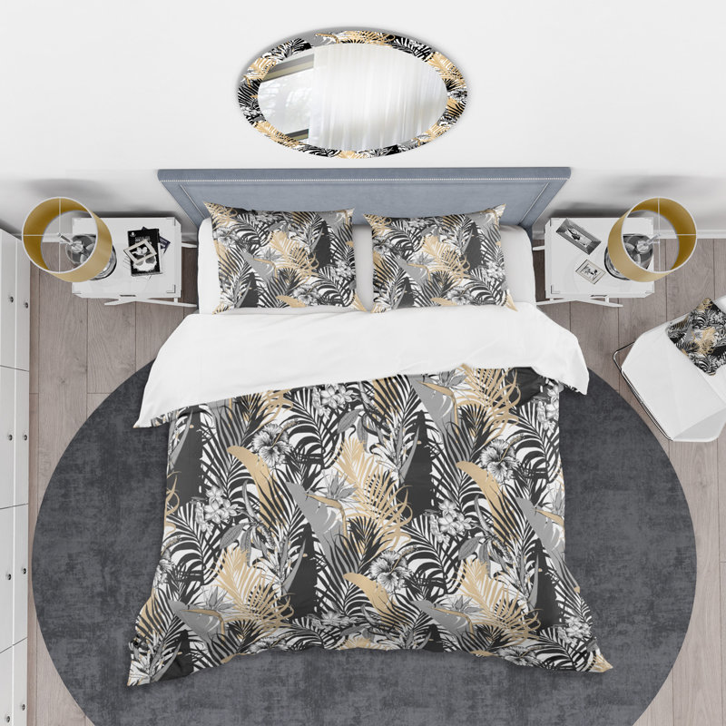 Retro Art Deco - Mid century bedding set - Modern Mid-century Bed cover set, Twin Duvet Cover + 1 Sham, Black Floral 380