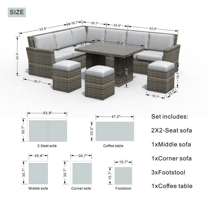 Ensemble de conversation modulaire avec coussins 8 pièces en rotin Perdomo, Gris