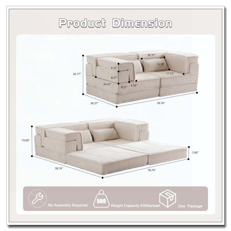 Canapé à compression Mahjong, canapé-lit convertible au sol, canapé modulaire modulaire désossé DIY, aucun assemblage requis, tissu polaire circulaire, surdimensionné à 3 places avec 3 coussins