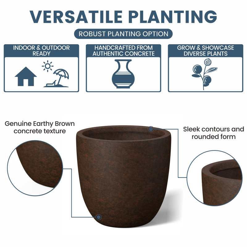 Concrete Round Planter / Pot With Drainage Holes, 17.72" H x 17.72" W x 16.93" D, Earthy Brown