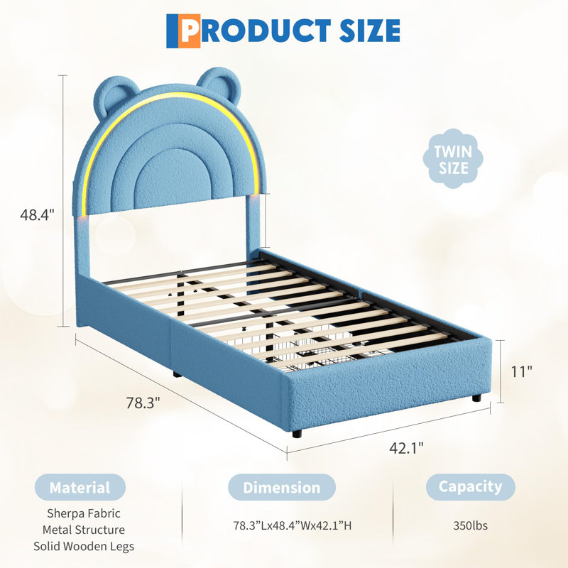 Twin Size Bed Frame with 4 Storage Drawers & LED Lights, Velvet Platform Bed with Rainbow Headboard, Blue