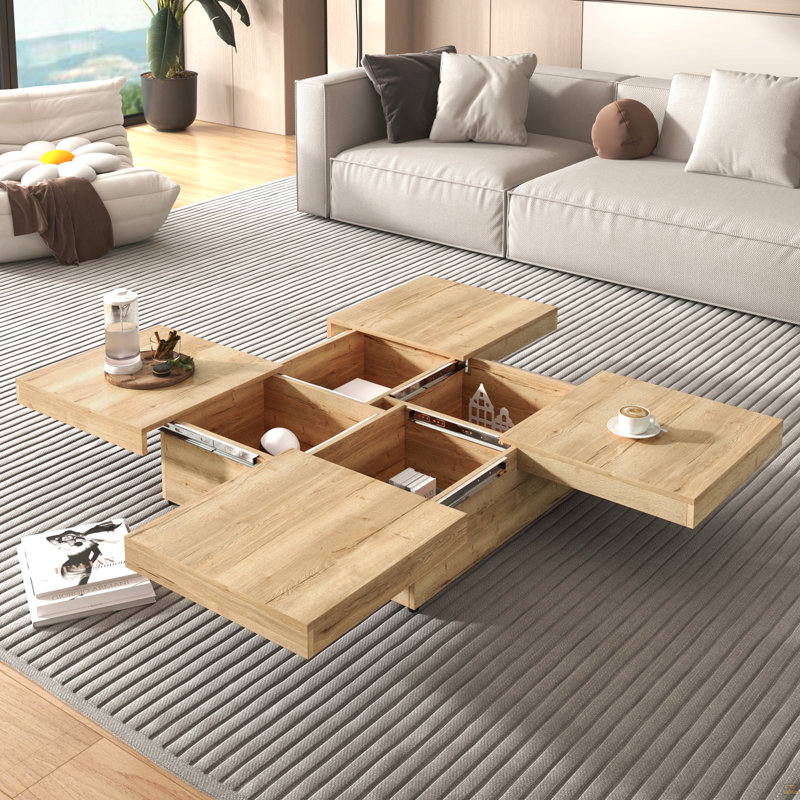 Table basse carrée en placage avec plateau coulissant et rangement