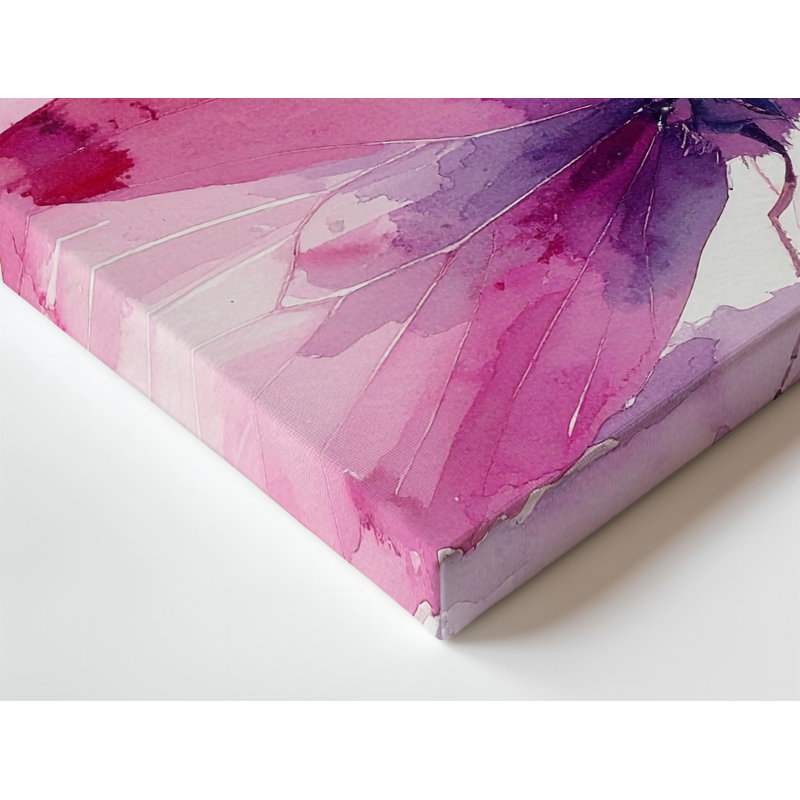Sur toile, reproduction de peinture à l'aquarelle délicate d'un papillon rose sur fond blanc, H 9 po x l 12 po
