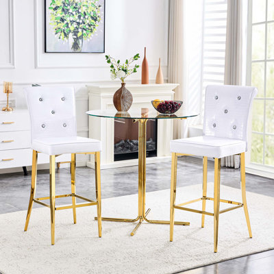 Ensemble de salle à manger 3 pièces à hauteur de bar moderne avec table en verre trempé et tabourets rembourrés