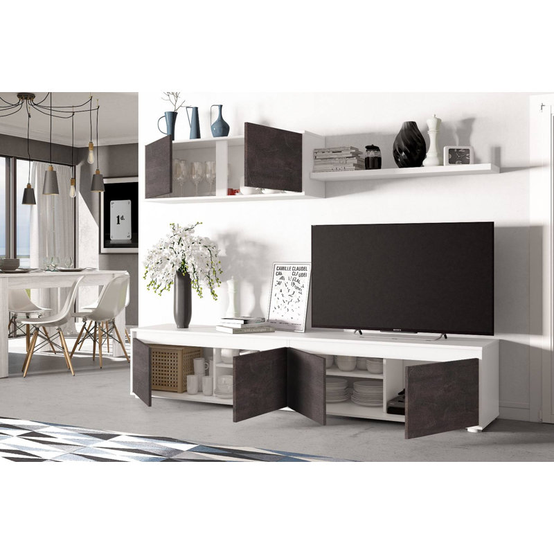 Fitted Wall Savannah, Tv Stand For Living Room Set Composition With Wall Unit, 200X41H43 Cm, White/Black
