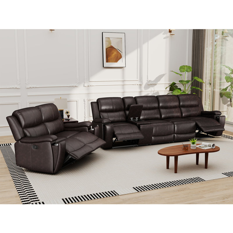 Ensemble de sofas inclinables modernes 3 pièces avec porte-gobelets et rangement, Simili cuir brun foncé
