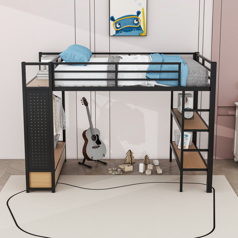 Lit mezzanine 2 tiroirs en métal avec armoire ouverte, tablettes et panneau perforé, Double