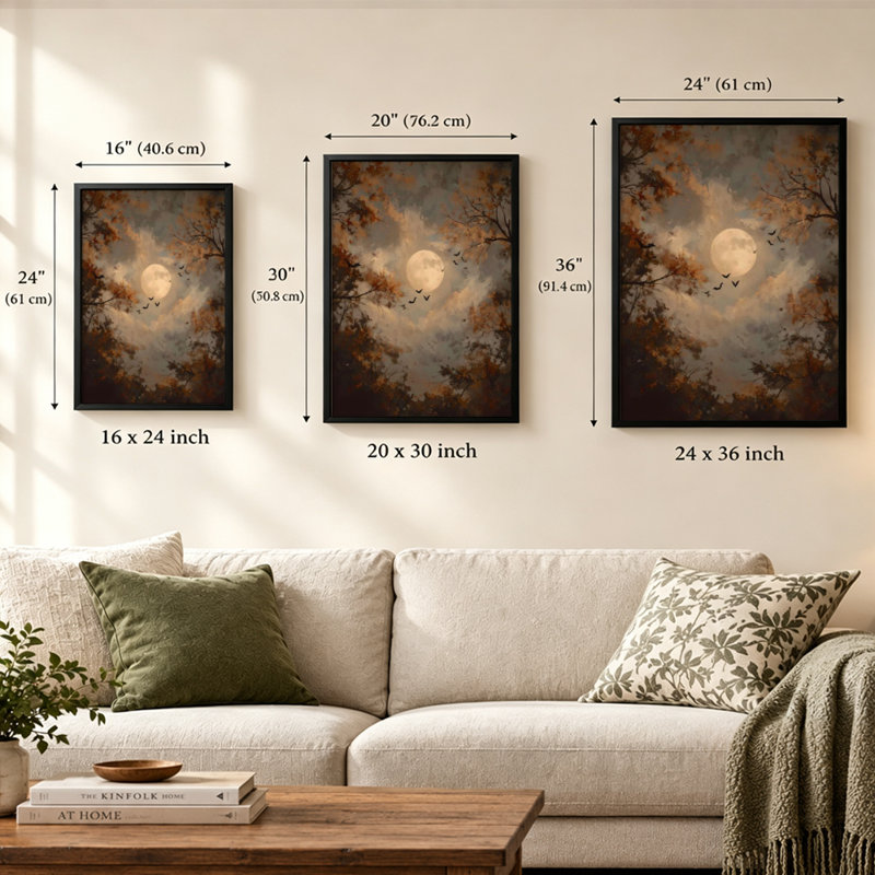Lune parmi les arbres brumeux - Tableau sur toile encadré marron, 61 cm H x 41 cm L, 16" x 24", Brown
