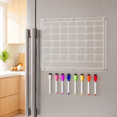Clear magnetic acrylic monthly dry‑erase calendar for refrigerator, reusable fridge planning board complete with 8 vibrant color markers for household scheduling